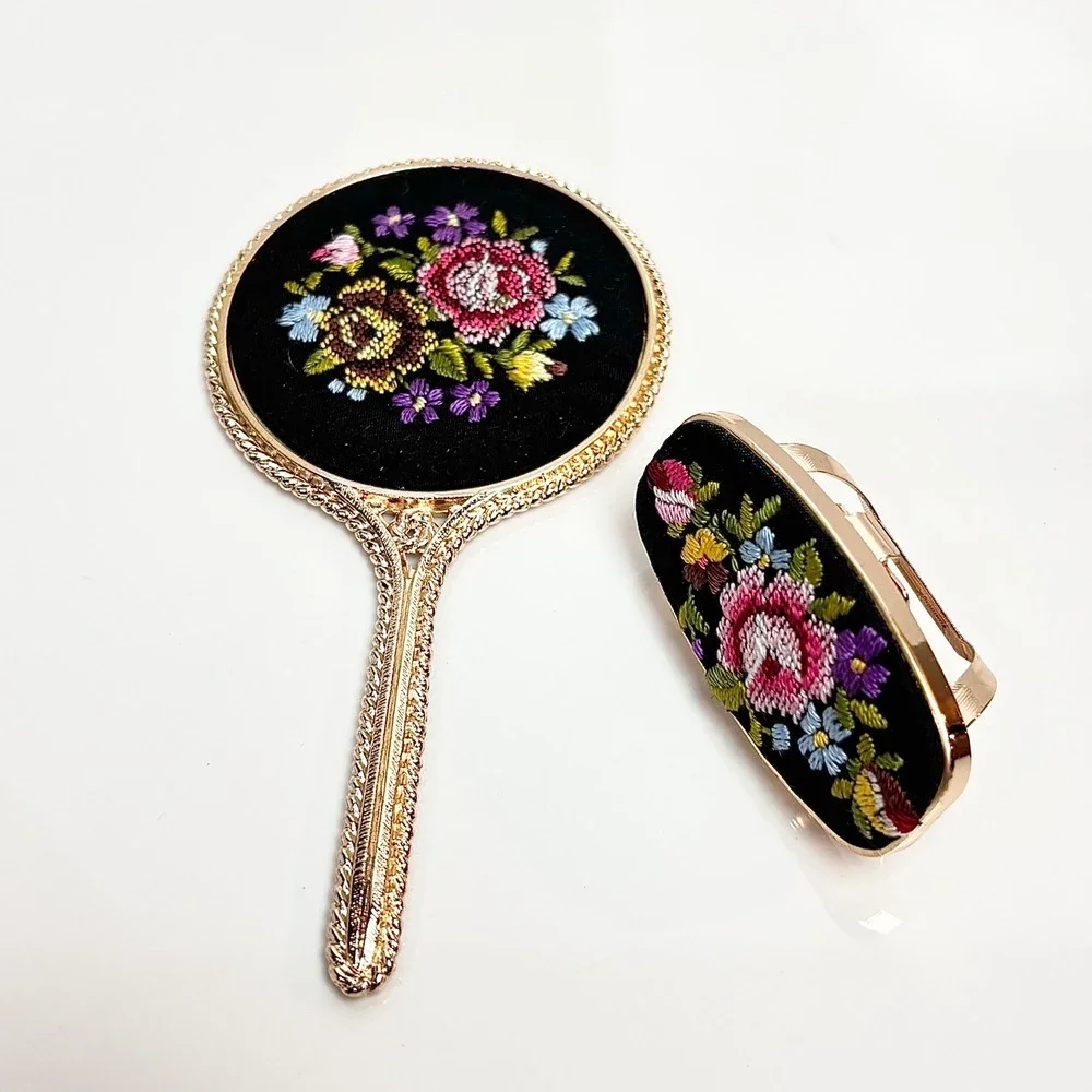 Vintage Austria Petit Point Floral Hand Mirror and Lipstick Case Vanity Set Gold